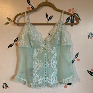 Vintage Seafoam Green Blue See Thru Lace Bow Gem Lingerie Top